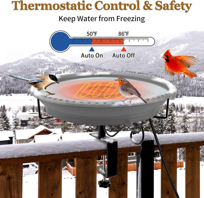 Lovppy Heated Bird Bath for Deck Railing, 100W Thermostatically Controlled Heated Bird Baths for Outdoors Bird Bath Heater, Heated Bird Bath for Outside Winter Garden Patio Yard(Gray) - Image 3
